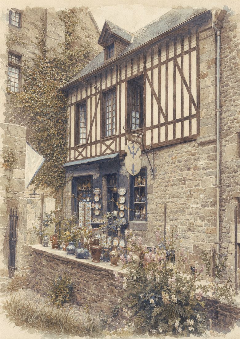 La boutique Au Dauphin, maison à colombages au Mont-Saint-Michel — aquarelle